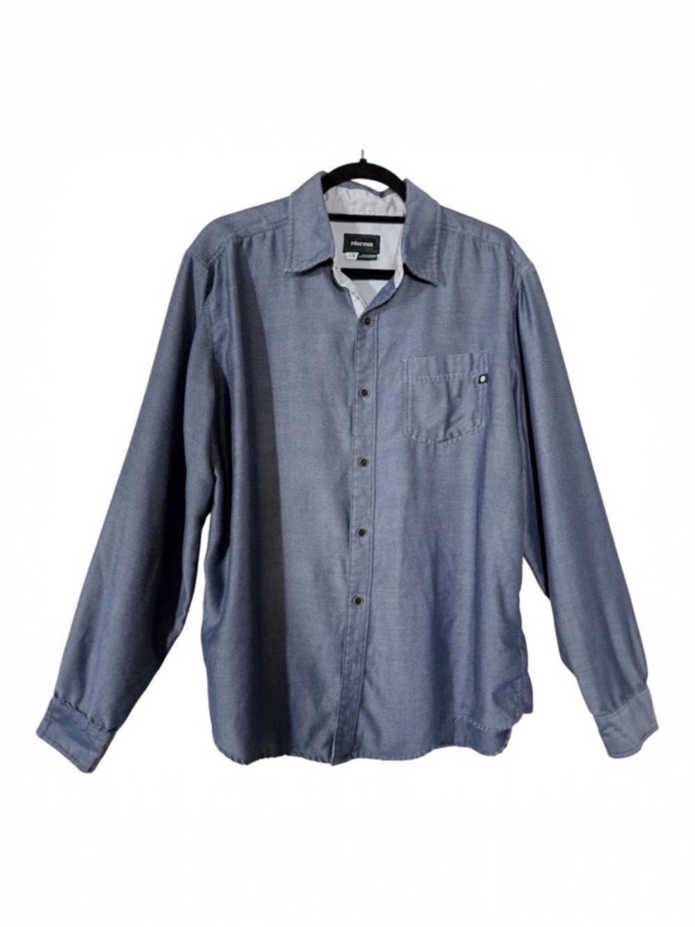 Marmot Shirt‎ Mens Blue Solid Long Sleeve Button Up Hiking Camping Size Large